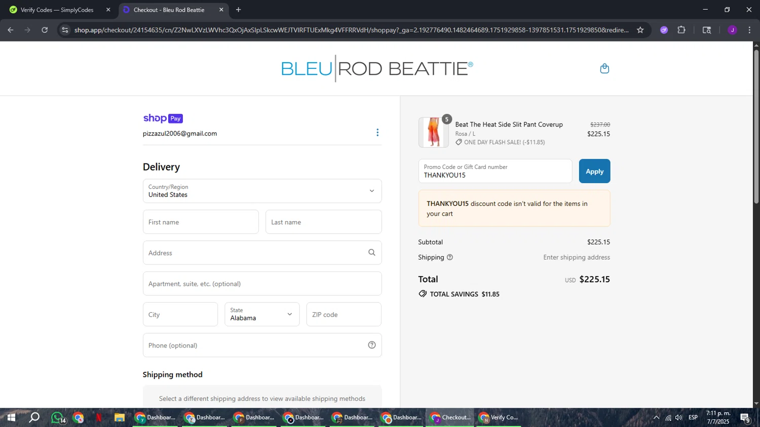 Bleu Rod Beattie promo code screenshot showing code THANKYOU15 applied at Bleu Rod Beattie checkout page. Uploaded by SimplyCodes community member ComeBurra123 on Jul 7, 2025