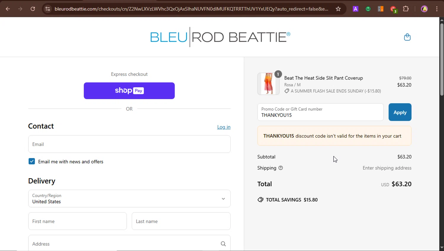 Bleu Rod Beattie promo code screenshot showing code THANKYOU15 applied at Bleu Rod Beattie checkout page. Uploaded by SimplyCodes community member PrincessCoupon on Jun 17, 2025