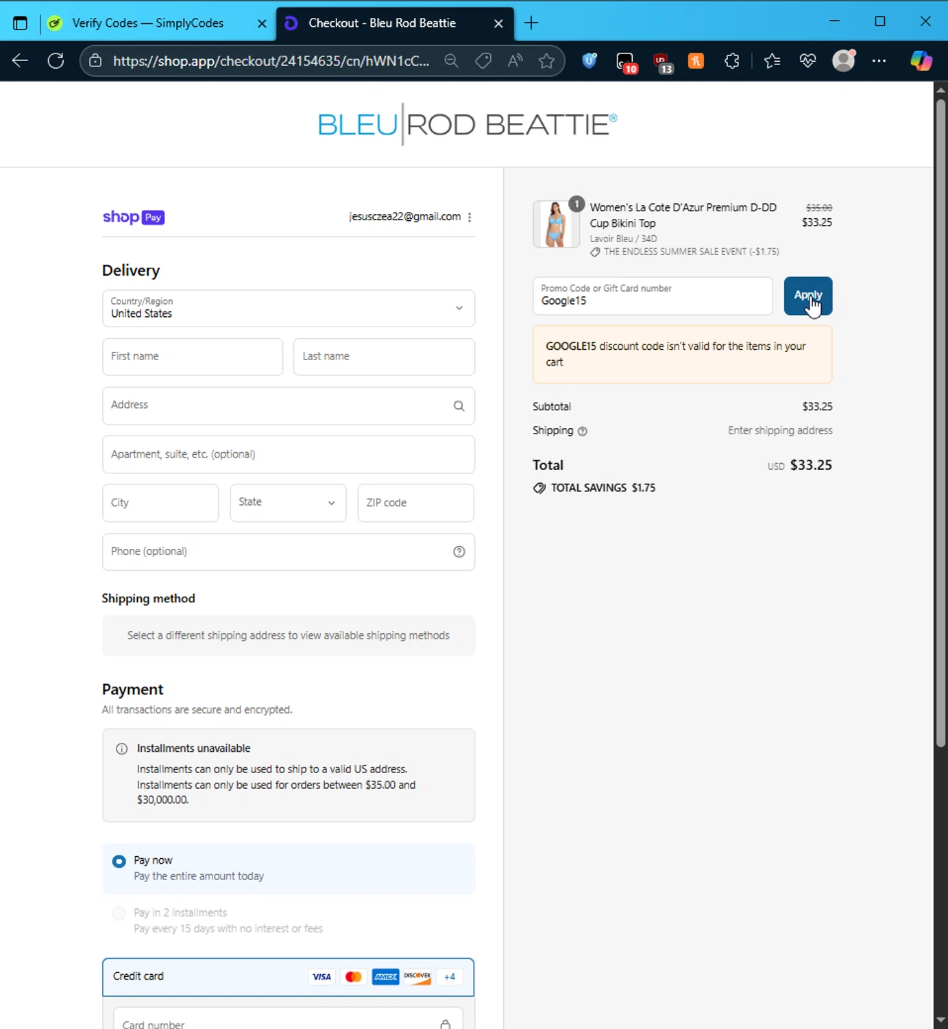 Bleu Rod Beattie promo code screenshot showing code Google15 applied at Bleu Rod Beattie checkout page. Uploaded by SimplyCodes community member DonutPunks on Aug 9, 2025