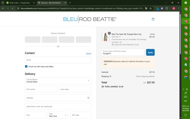 Bleu Rod Beattie checkout page showing Bleu Rod Beattie promo code box | Screenshot taken by SimplyCodes community member on Aug 24, 2025