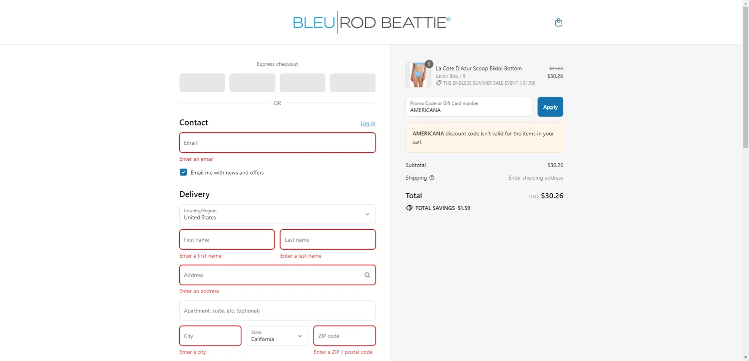 Bleu Rod Beattie promo code screenshot showing code AMERICANA applied at Bleu Rod Beattie checkout page. Uploaded by SimplyCodes community member CodeGuardian5312 on Aug 7, 2025