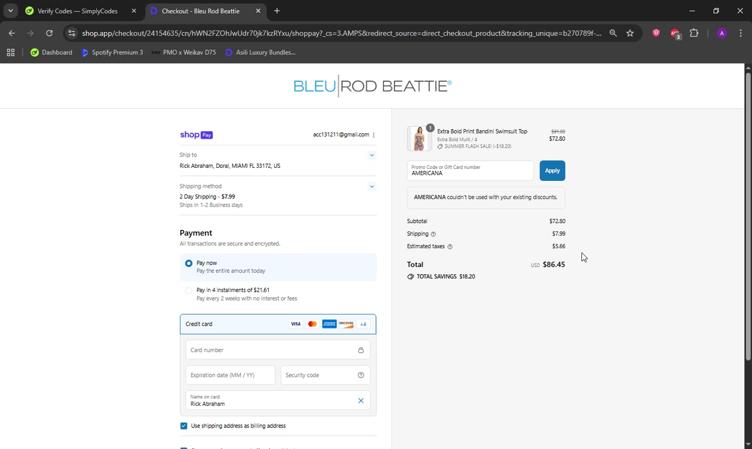 Bleu Rod Beattie promo code screenshot showing code AMERICANA applied at Bleu Rod Beattie checkout page. Uploaded by SimplyCodes community member DeathBone on Aug 26, 2025
