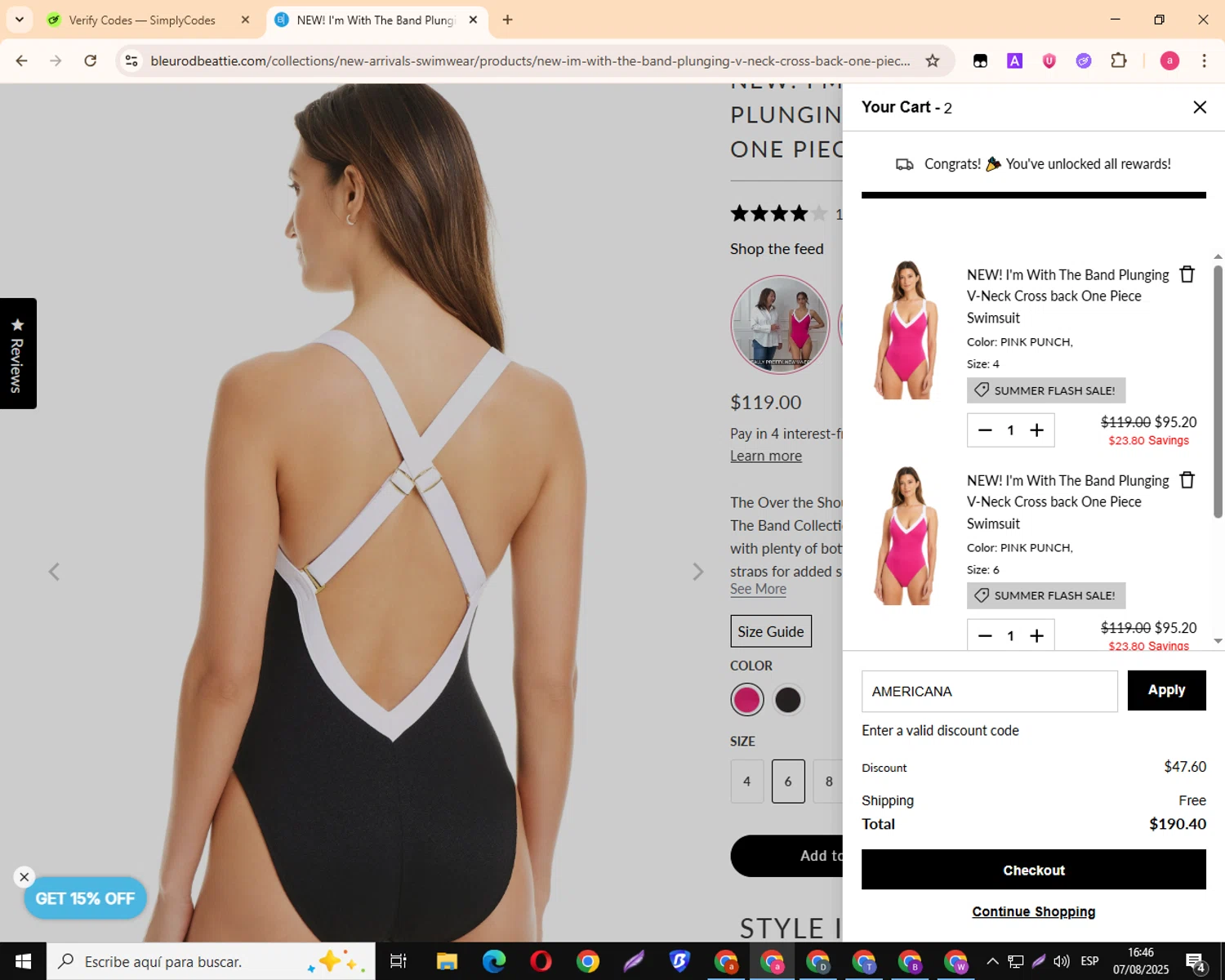 Bleu Rod Beattie promo code screenshot showing code AMERICANA applied at Bleu Rod Beattie checkout page. Uploaded by SimplyCodes community member MagnificentKnight3359 on Aug 7, 2025