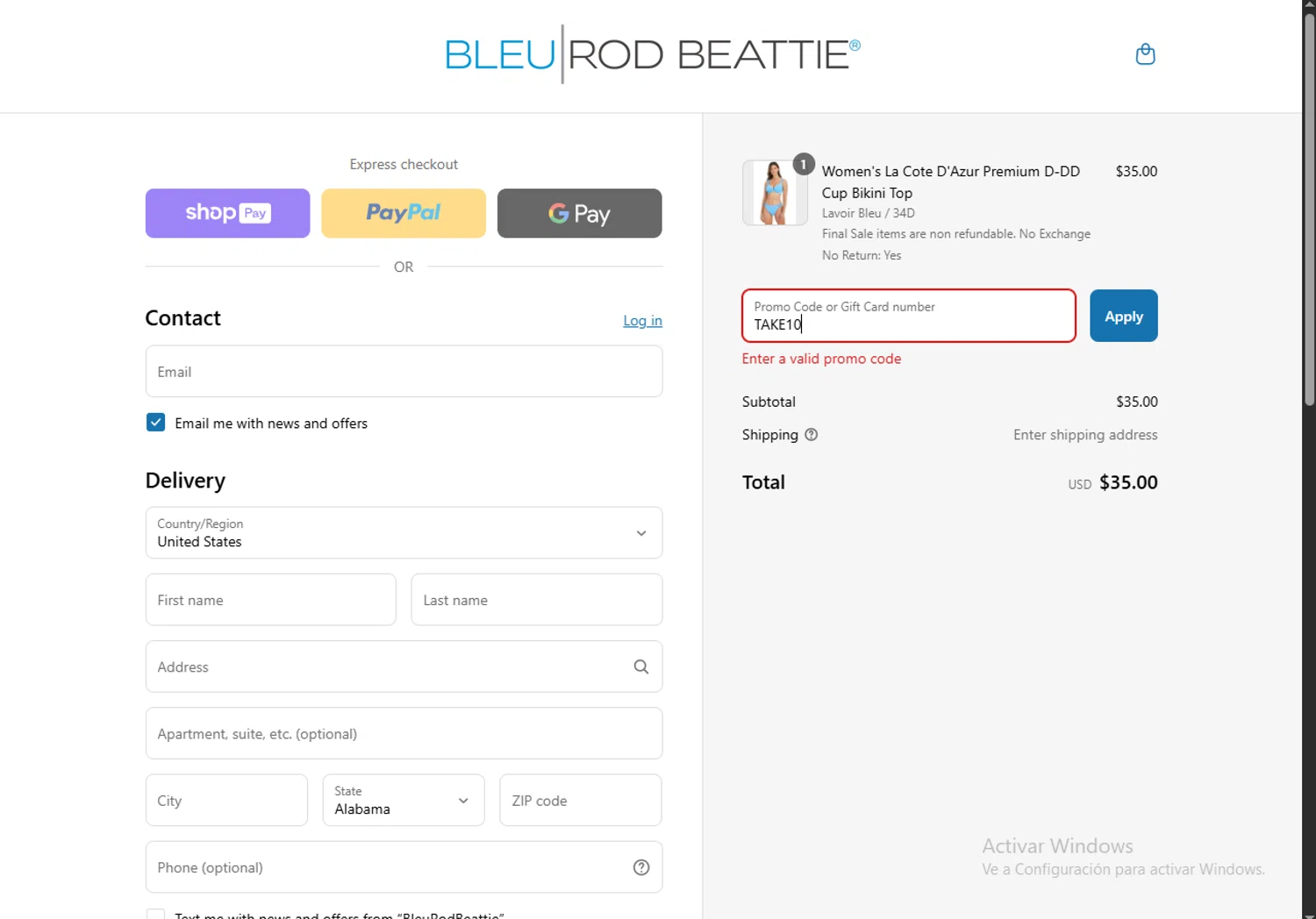 Bleu Rod Beattie promo code screenshot showing code TAKE10 applied at Bleu Rod Beattie checkout page. Uploaded by SimplyCodes community member VoucherRanger9105 on Aug 15, 2025