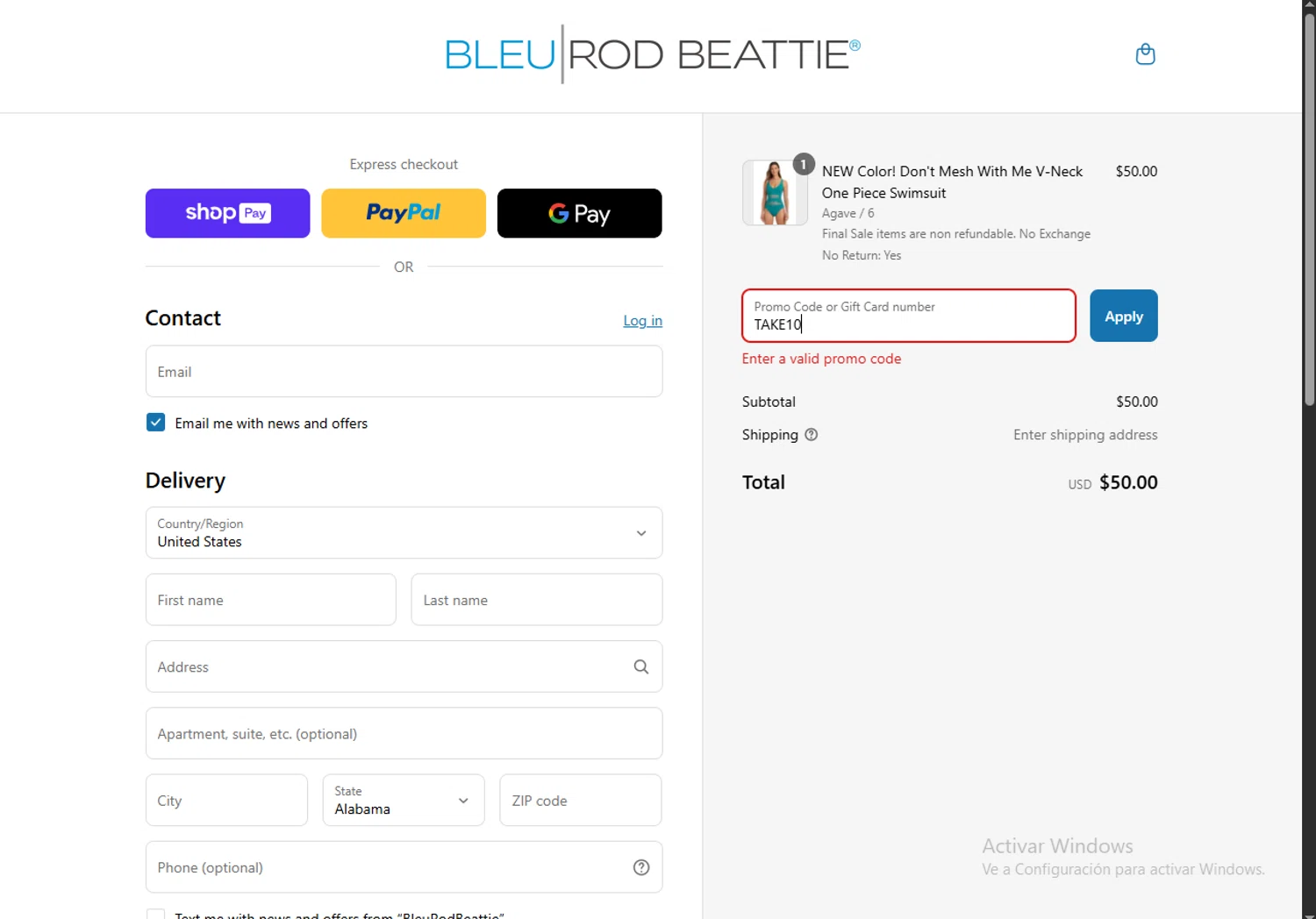Bleu Rod Beattie promo code screenshot showing code TAKE10 applied at Bleu Rod Beattie checkout page. Uploaded by SimplyCodes community member WiseSage2777 on Aug 15, 2025