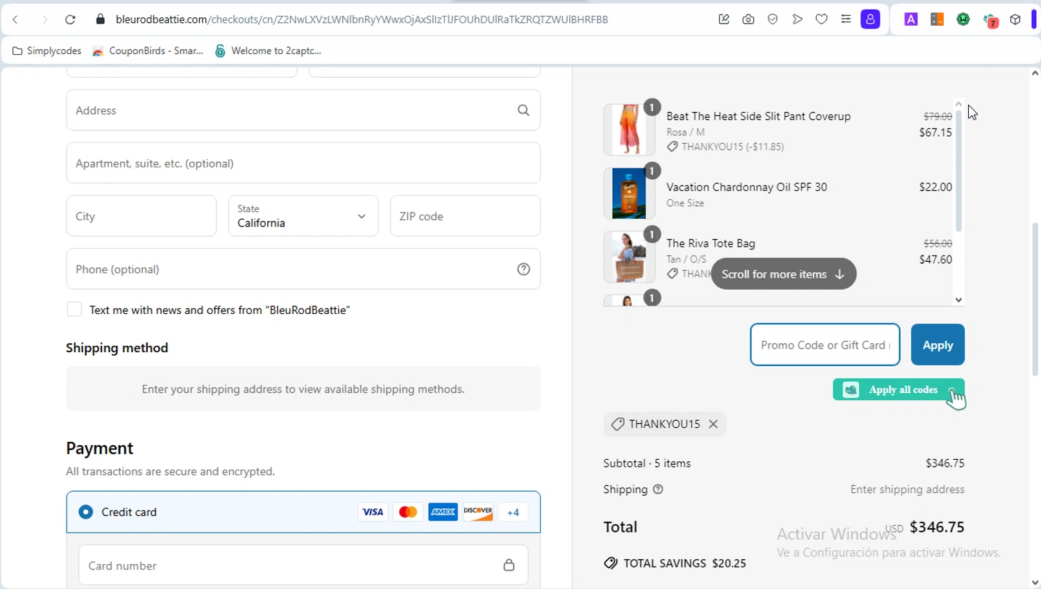 Bleu Rod Beattie promo code screenshot showing code THANKYOU15 applied at Bleu Rod Beattie checkout page. Uploaded by SimplyCodes community member PrincessCoupon on Apr 5, 2025