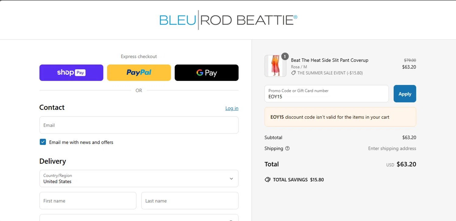 Bleu Rod Beattie promo code screenshot showing code EOY15 applied at Bleu Rod Beattie checkout page. Uploaded by SimplyCodes community member carloschirino on May 30, 2025