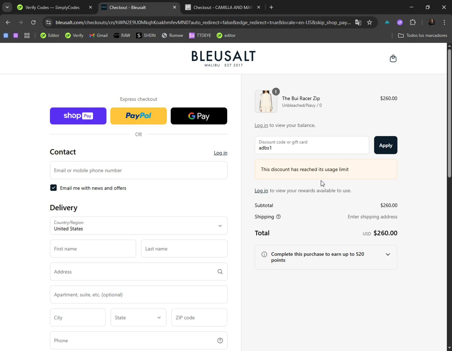 Bleusalt promo code screenshot showing code adbs1 applied at Bleusalt checkout page. Uploaded by SimplyCodes community member JohannesBrahms on Aug 26, 2025