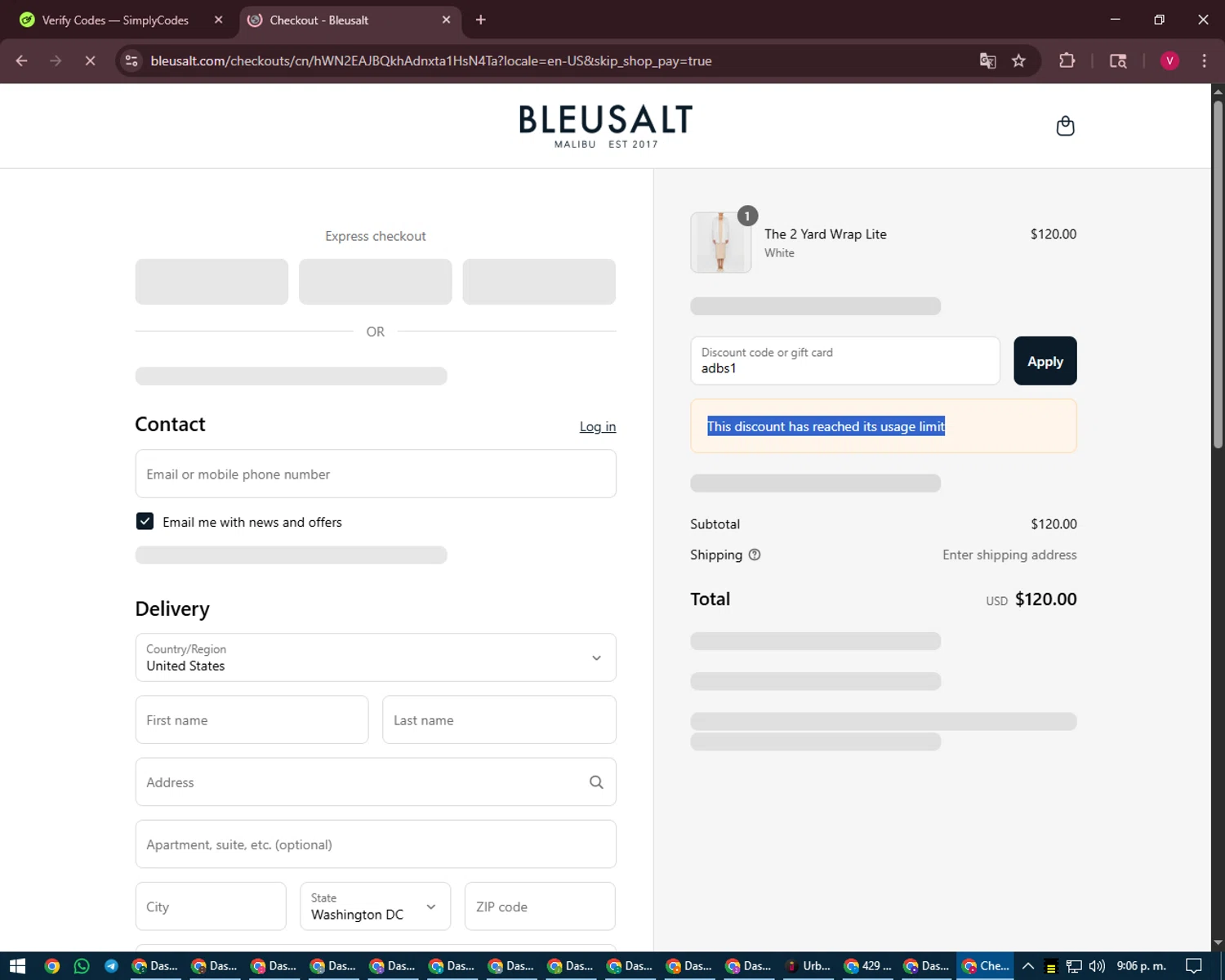 Bleusalt promo code screenshot showing code adbs1 applied at Bleusalt checkout page. Uploaded by SimplyCodes community member ShieldEagle6102 on Aug 26, 2025