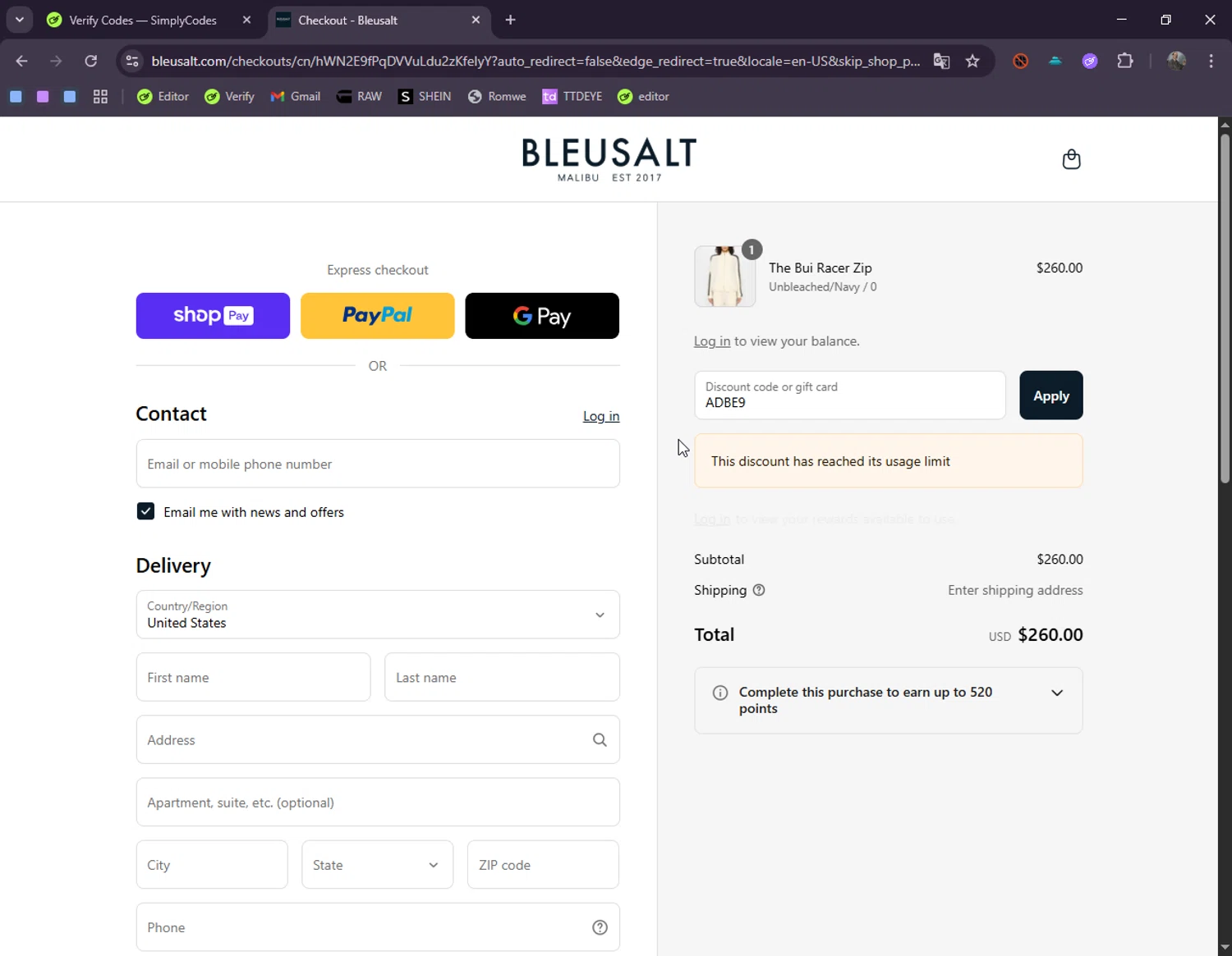 Bleusalt promo code screenshot showing code ADBE9 applied at Bleusalt checkout page. Uploaded by SimplyCodes community member VicenteEmilioSojo on Aug 26, 2025