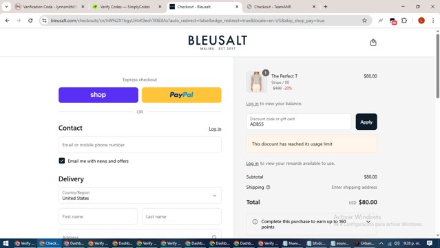 Bleusalt checkout page showing Bleusalt promo code box | Screenshot taken by SimplyCodes community member on Sep 3, 2025