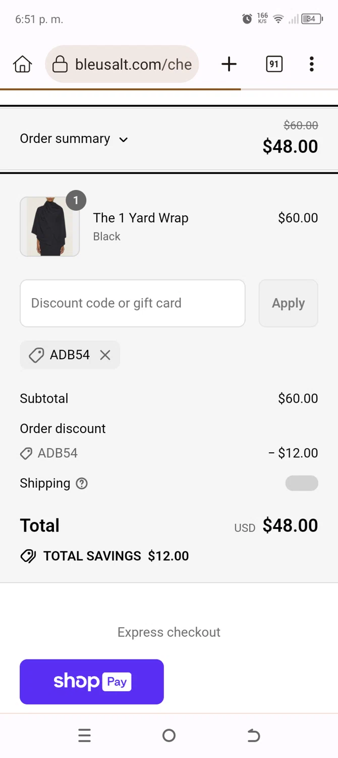 Bleusalt promo code screenshot showing code ADB54 applied at Bleusalt checkout page. Uploaded by SimplyCodes community member BonusChaser4306 on Aug 23, 2025
