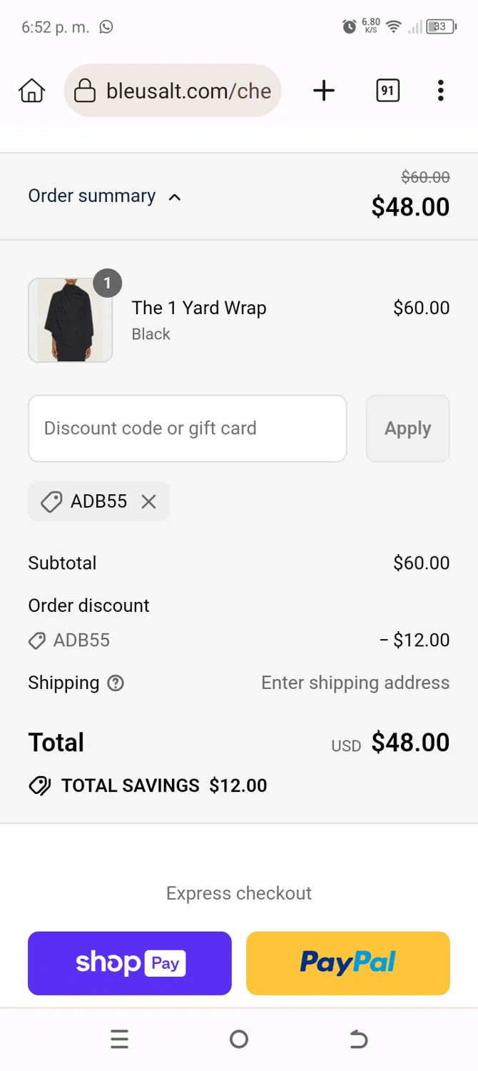 Bleusalt promo code screenshot showing code ADB55 applied at Bleusalt checkout page. Uploaded by SimplyCodes community member BonusChaser4306 on Aug 23, 2025