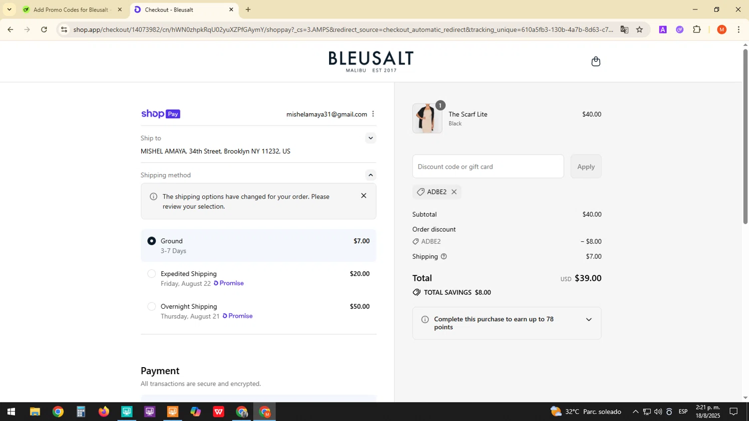 Bleusalt promo code screenshot showing code ADBE2 applied at Bleusalt checkout page. Uploaded by SimplyCodes community member ExtraordinaryDefender1444 on Aug 18, 2025