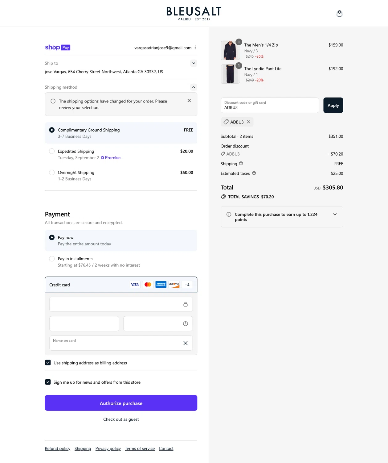 Bleusalt promo code screenshot showing code ADBU3 applied at Bleusalt checkout page. Uploaded by SimplyCodes community member LegendaryFinder8770 on Aug 28, 2025