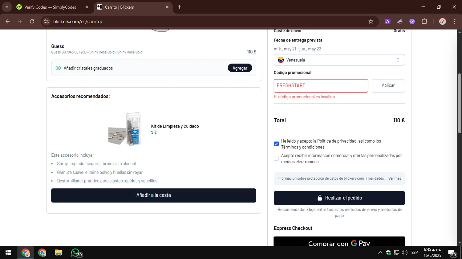 Blickers discount code screenshot showing code FRESHSTART applied at Blickers checkout page. Uploaded by SimplyCodes community member AbusaGordas on May 16, 2025