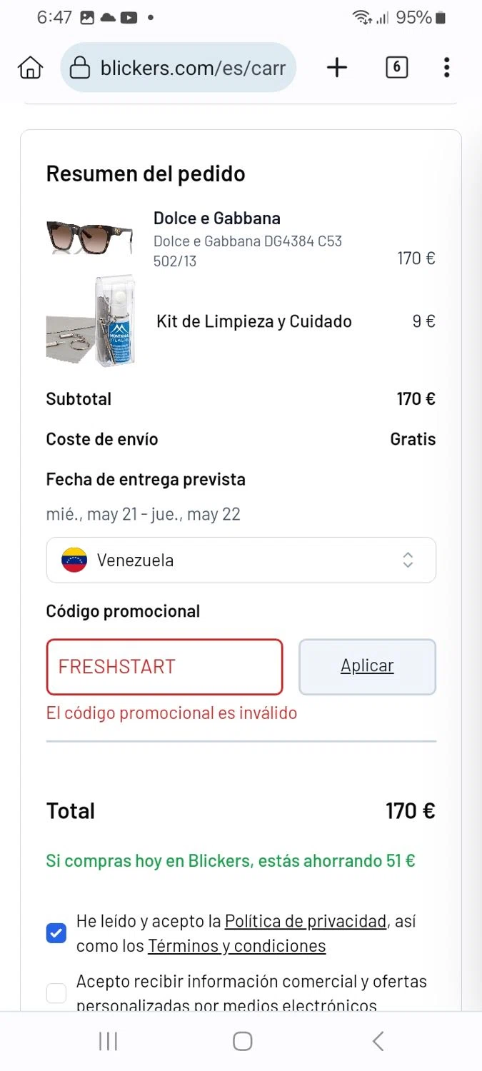 Blickers discount code screenshot showing code FRESHSTART applied at Blickers checkout page. Uploaded by SimplyCodes community member ScanMaverick9378 on May 16, 2025