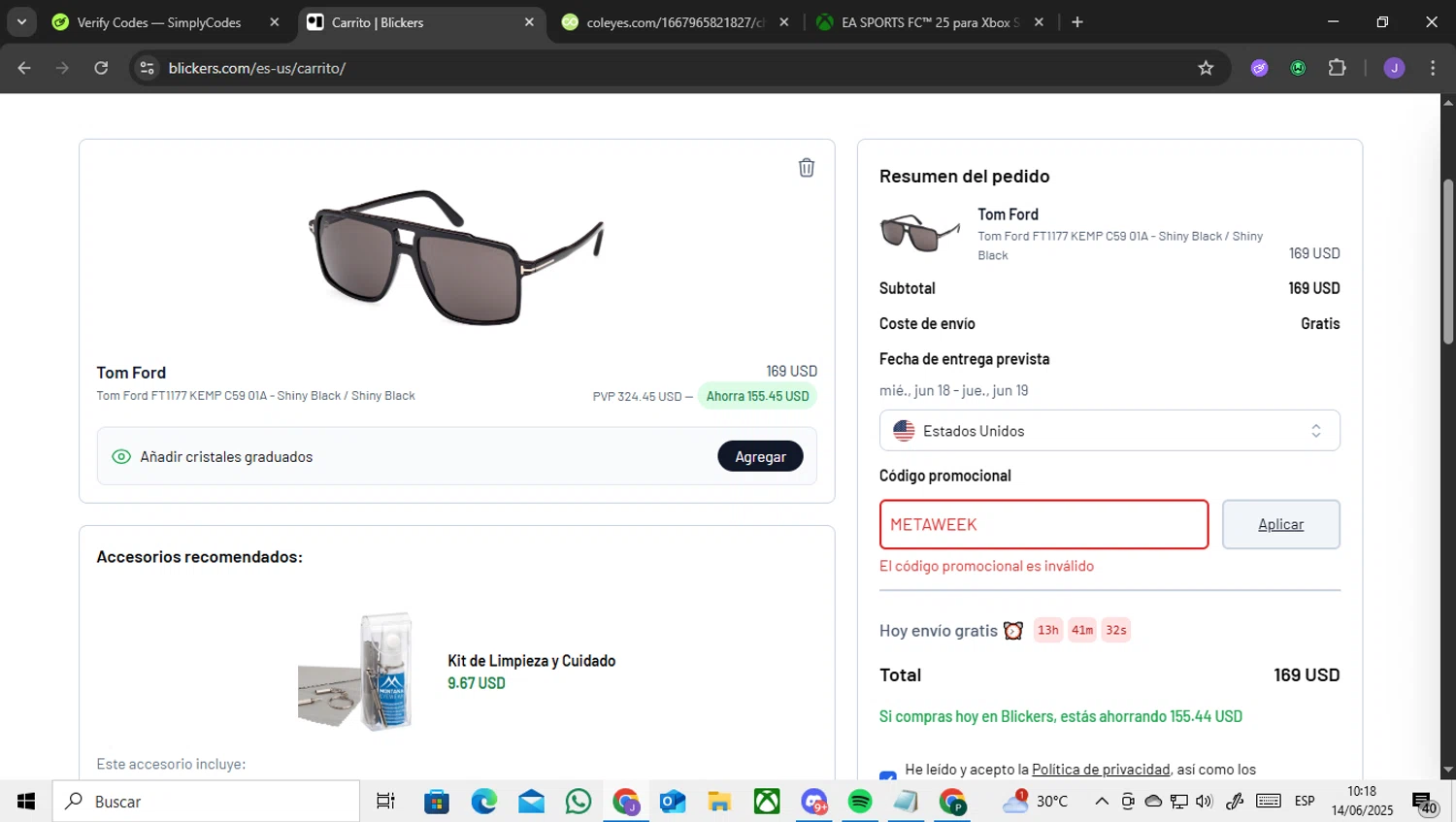 Blickers discount code screenshot showing code METAWEEK applied at Blickers checkout page. Uploaded by SimplyCodes community member ENCARAMESSI on Jun 14, 2025