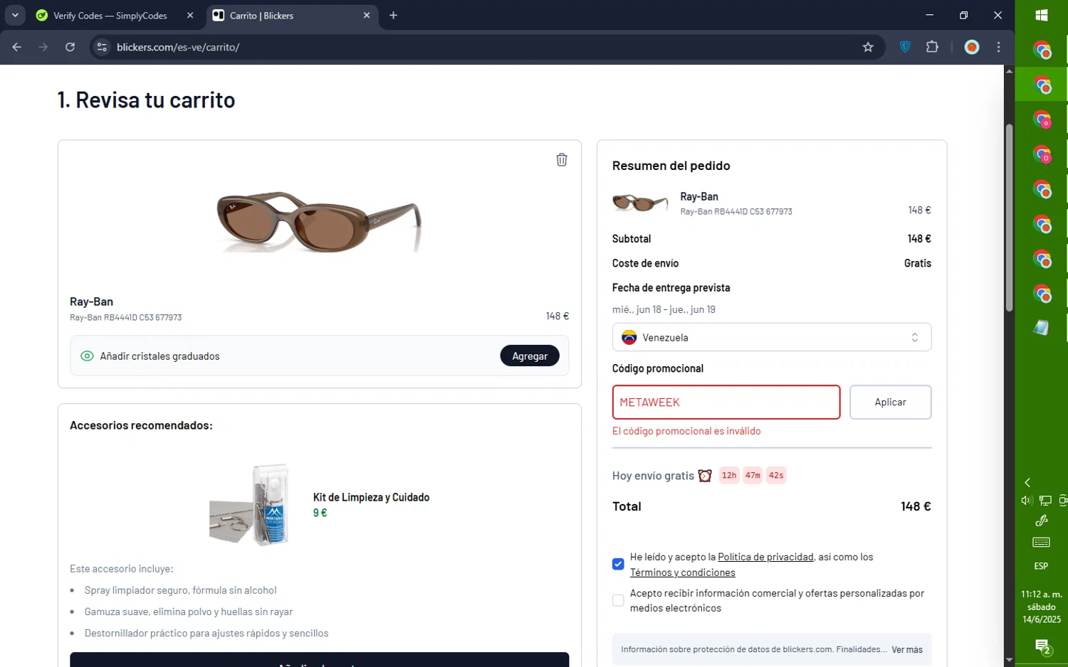 Blickers discount code screenshot showing code METAWEEK applied at Blickers checkout page. Uploaded by SimplyCodes community member GoldPilot5958 on Jun 14, 2025