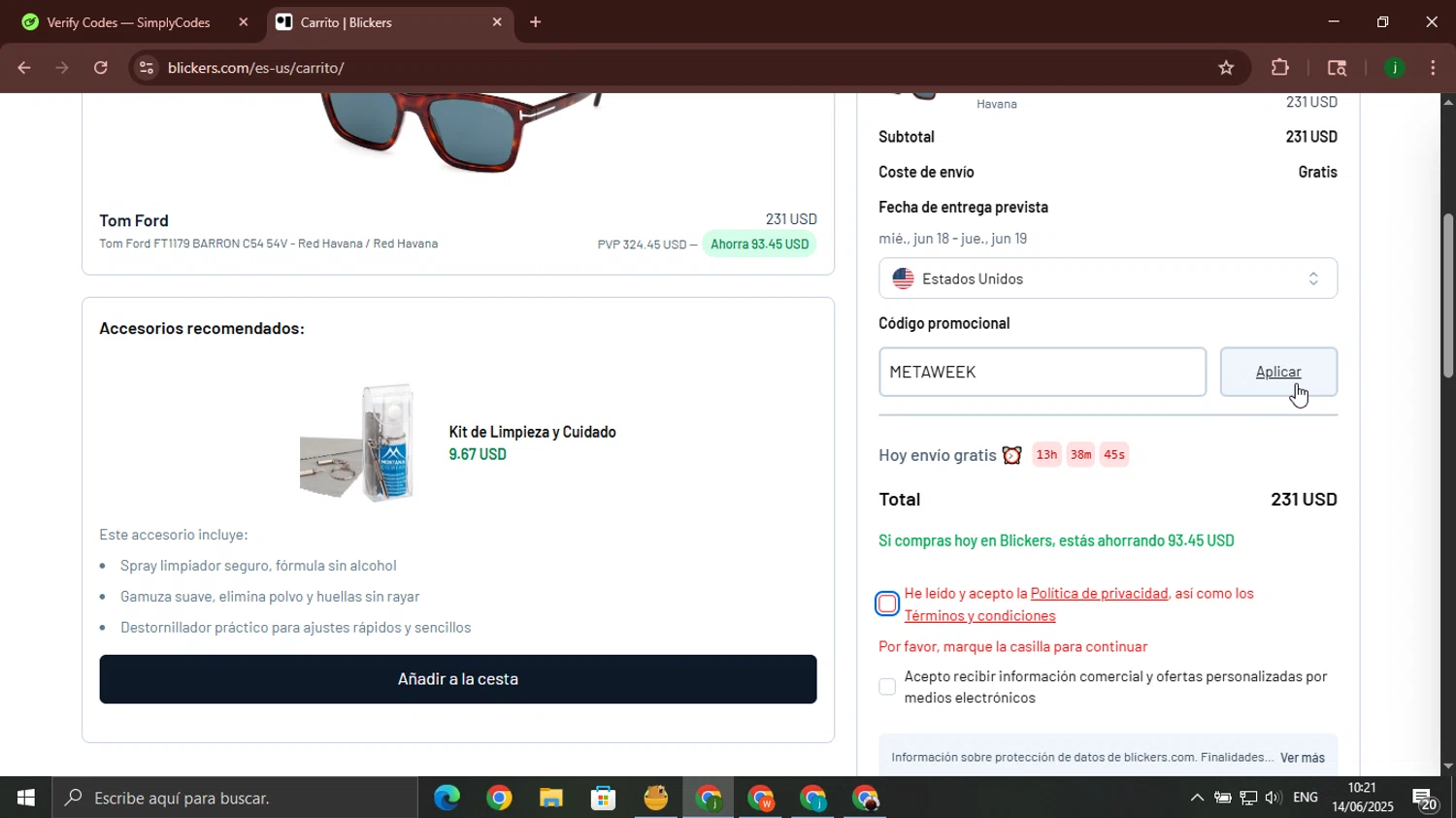 Blickers discount code screenshot showing code METAWEEK applied at Blickers checkout page. Uploaded by SimplyCodes community member jorgeroz on Jun 14, 2025