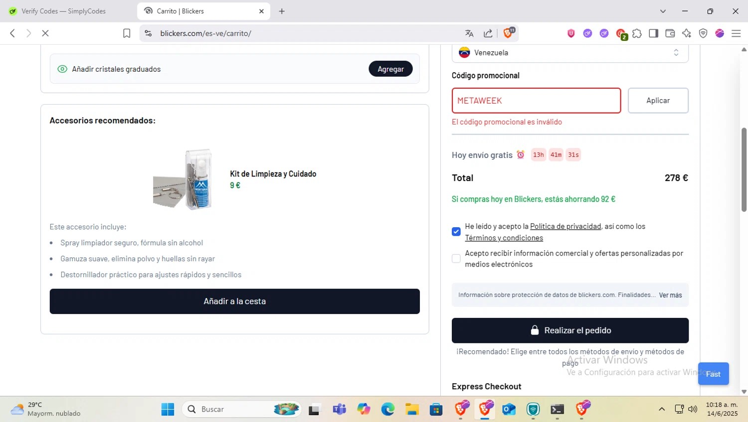 Blickers discount code screenshot showing code METAWEEK applied at Blickers checkout page. Uploaded by SimplyCodes community member SapeGato on Jun 14, 2025