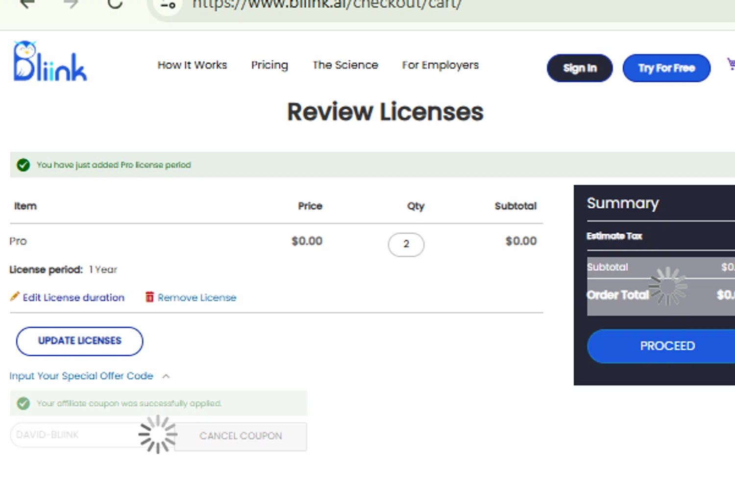 BliiNK promo code screenshot showing code DAVID-BLIINK applied at BliiNK checkout page. Uploaded by SimplyCodes community member RewardFinder4836 on Jan 3, 2026