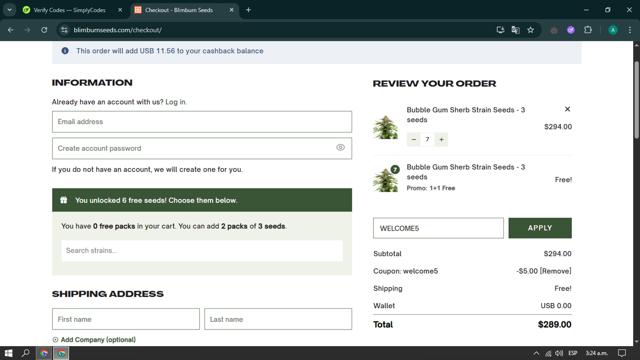 Blimburn Seeds checkout page showing Blimburn Seeds coupon code box | Screenshot taken by SimplyCodes community member on May 23, 2025