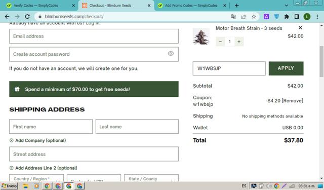 Blimburn Seeds checkout page showing Blimburn Seeds coupon code box | Screenshot taken by SimplyCodes community member on May 23, 2025