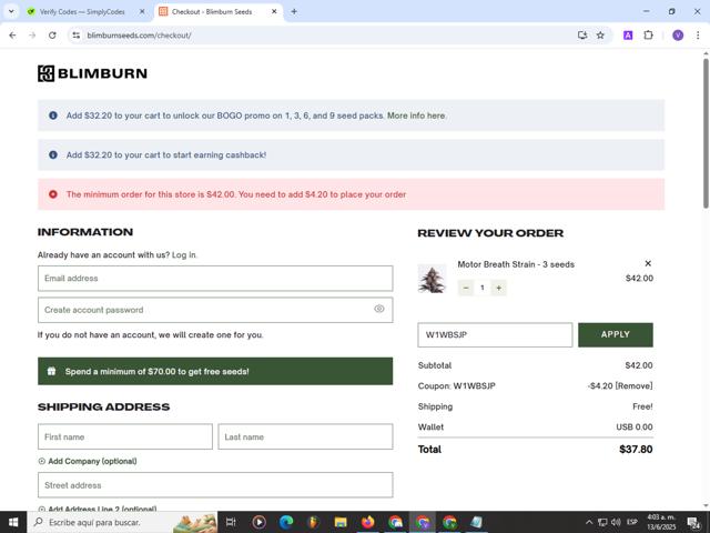 Blimburn Seeds checkout page showing Blimburn Seeds coupon code box | Screenshot taken by SimplyCodes community member on Jun 13, 2025