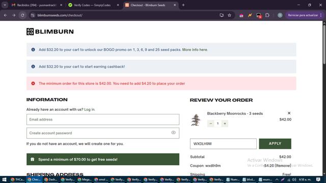 Blimburn Seeds checkout page showing Blimburn Seeds coupon code box | Screenshot taken by SimplyCodes community member on May 21, 2025