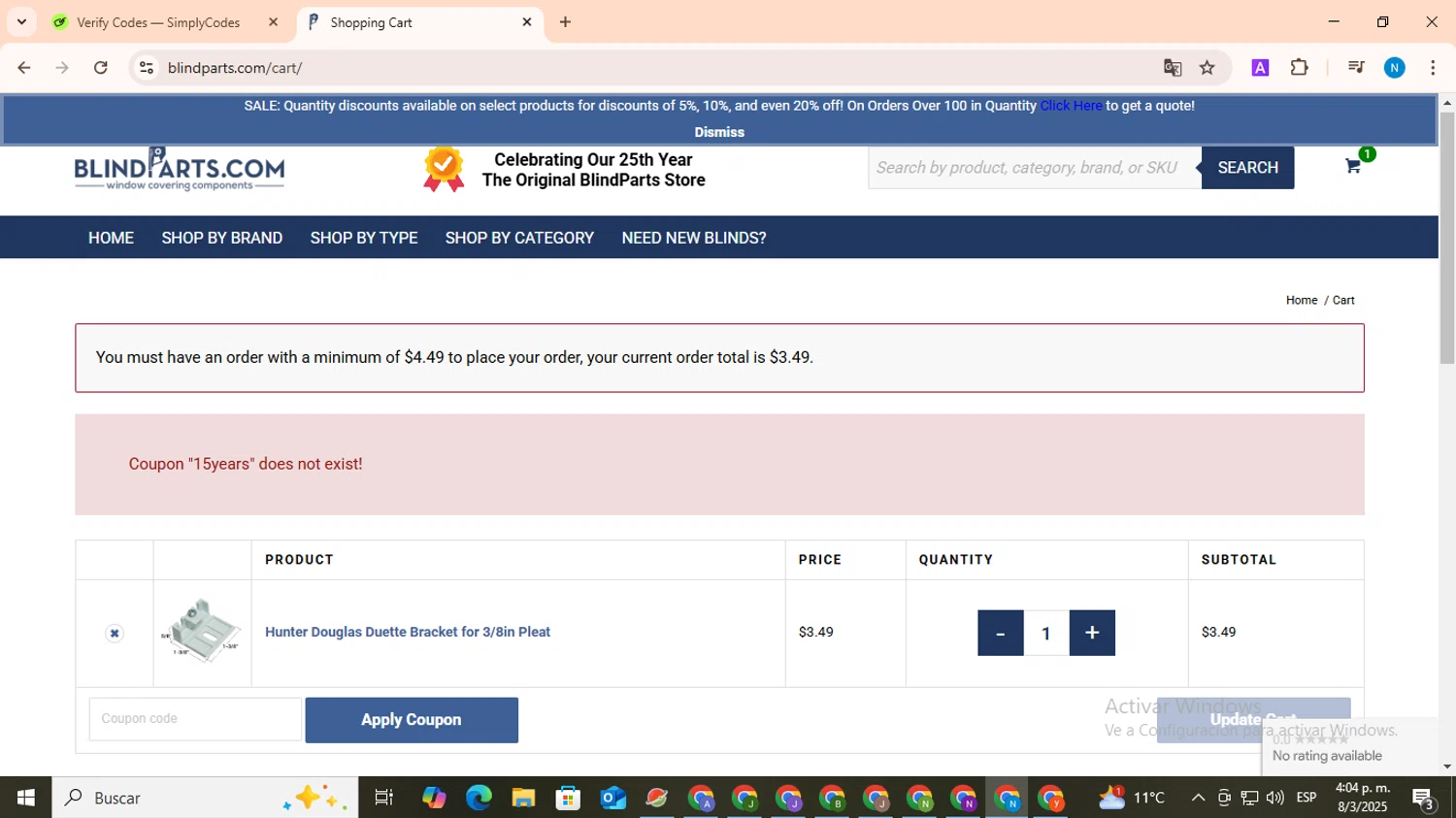 BlindParts.com coupon code screenshot showing code 15YEARS applied at BlindParts.com checkout page. Uploaded by SimplyCodes community member CoinHawk678 on Mar 8, 2025