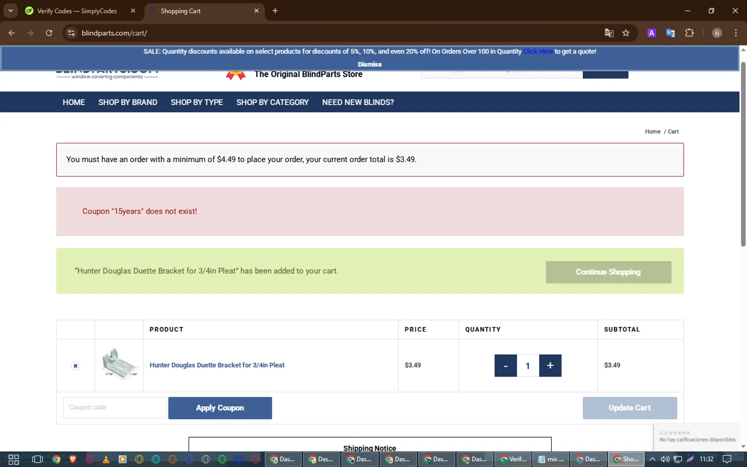 BlindParts.com coupon code screenshot showing code 15YEARS applied at BlindParts.com checkout page. Uploaded by SimplyCodes community member PrimeShopper9739 on Mar 24, 2025