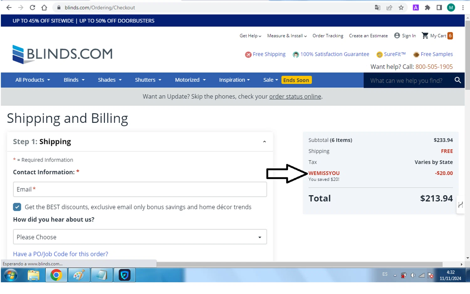 where to use Blinds.com promo code box