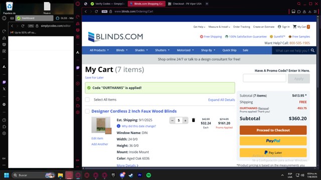 Blinds.com checkout page showing Blinds.com promo code box | Screenshot taken by SimplyCodes community member on Aug 7, 2025