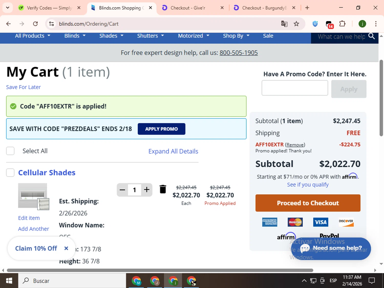 Blinds.com promo code screenshot showing code AFF10EXTR applied at Blinds.com checkout page. Uploaded by SimplyCodes community member SavingsCollector2592 on Feb 14, 2026