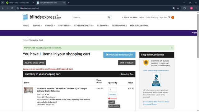 Blinds Express checkout page showing Blinds Express promo code box | Screenshot taken by SimplyCodes community member on Mar 15, 2025