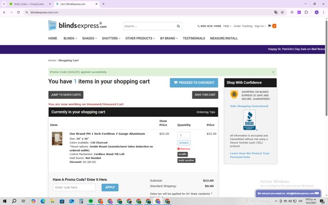 Blinds Express checkout page showing Blinds Express promo code box | Screenshot taken by SimplyCodes community member on Mar 15, 2025