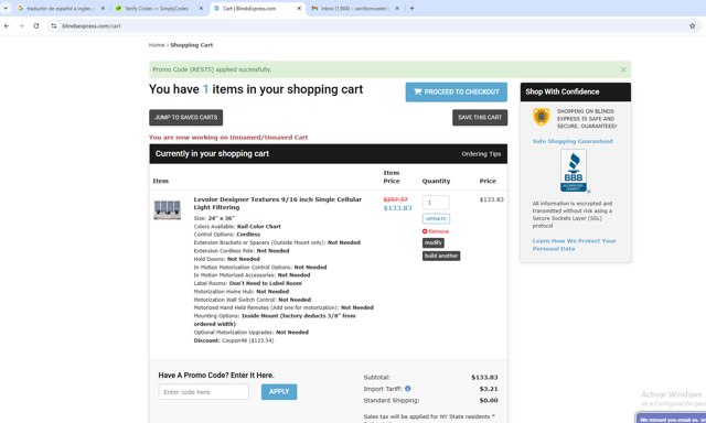 Blinds Express checkout page showing Blinds Express promo code box | Screenshot taken by SimplyCodes community member on Aug 29, 2025