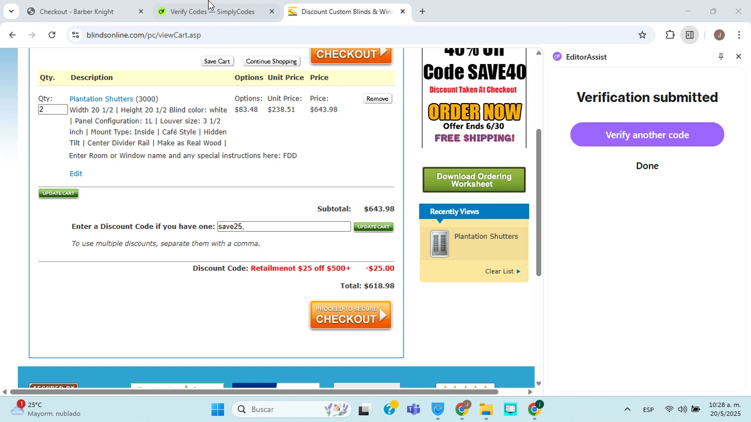 BlindsOnLine.com promo code screenshot showing code save25 applied at BlindsOnLine.com checkout page. Uploaded by SimplyCodes community member ABHF23 on May 20, 2025