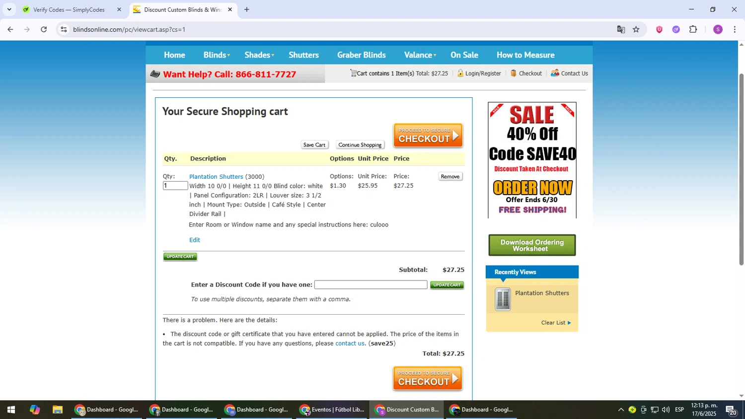 BlindsOnLine.com promo code screenshot showing code save25 applied at BlindsOnLine.com checkout page. Uploaded by SimplyCodes community member Son_Goku on Jun 17, 2025