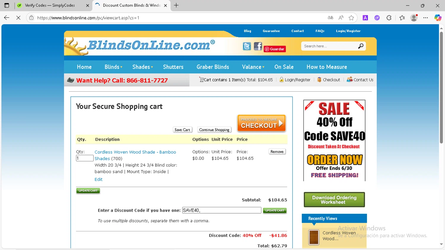 BlindsOnLine.com promo code screenshot showing code SAVE40 applied at BlindsOnLine.com checkout page. Uploaded by SimplyCodes community member Santiagotremont on May 20, 2025