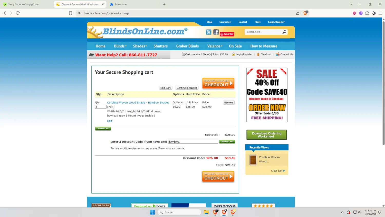 BlindsOnLine.com promo code screenshot showing code SAVE40 applied at BlindsOnLine.com checkout page. Uploaded by SimplyCodes community member VictoriousDefender7352 on Jun 10, 2025