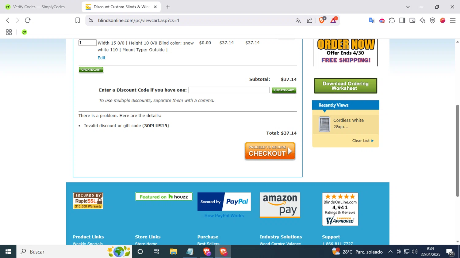 BlindsOnLine.com promo code screenshot showing code 30PLUS15 applied at BlindsOnLine.com checkout page. Uploaded by SimplyCodes community member FrugalKnight7213 on Apr 22, 2025