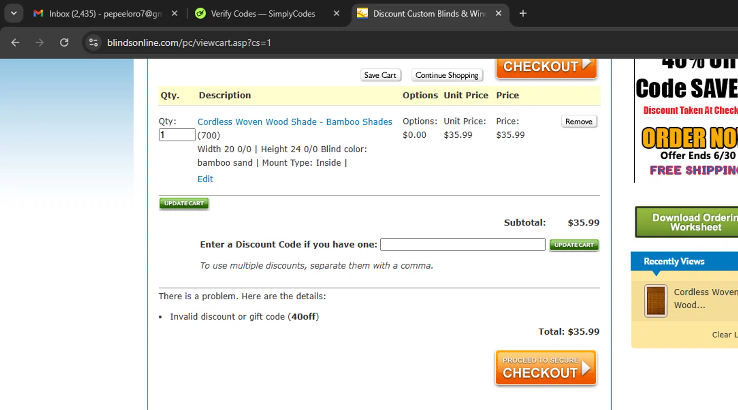 BlindsOnLine.com promo code screenshot showing code 40off applied at BlindsOnLine.com checkout page. Uploaded by SimplyCodes community member Eminem on May 22, 2025