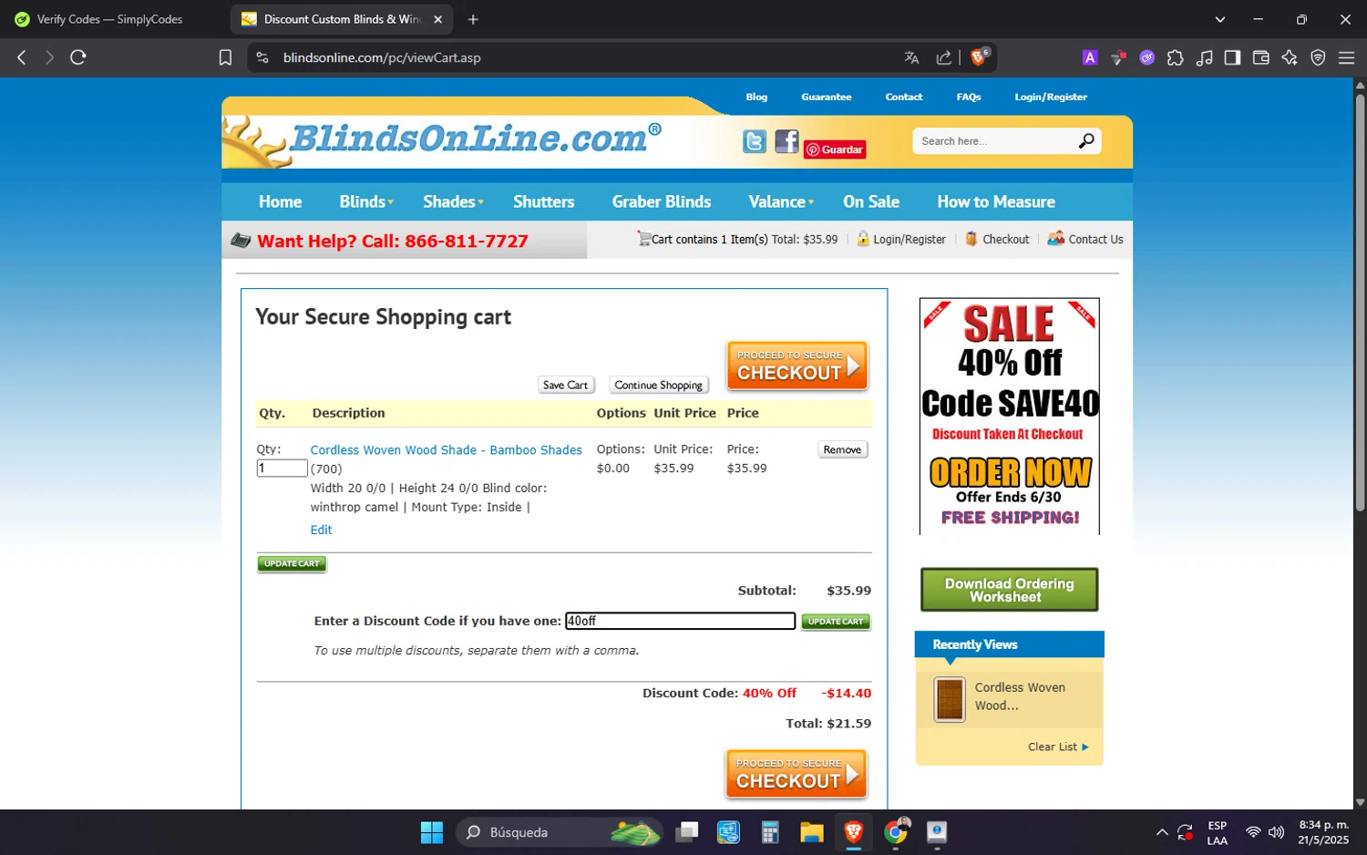 BlindsOnLine.com checkout page showing BlindsOnLine.com promo code box | Screenshot taken by SimplyCodes community member on May 22, 2025