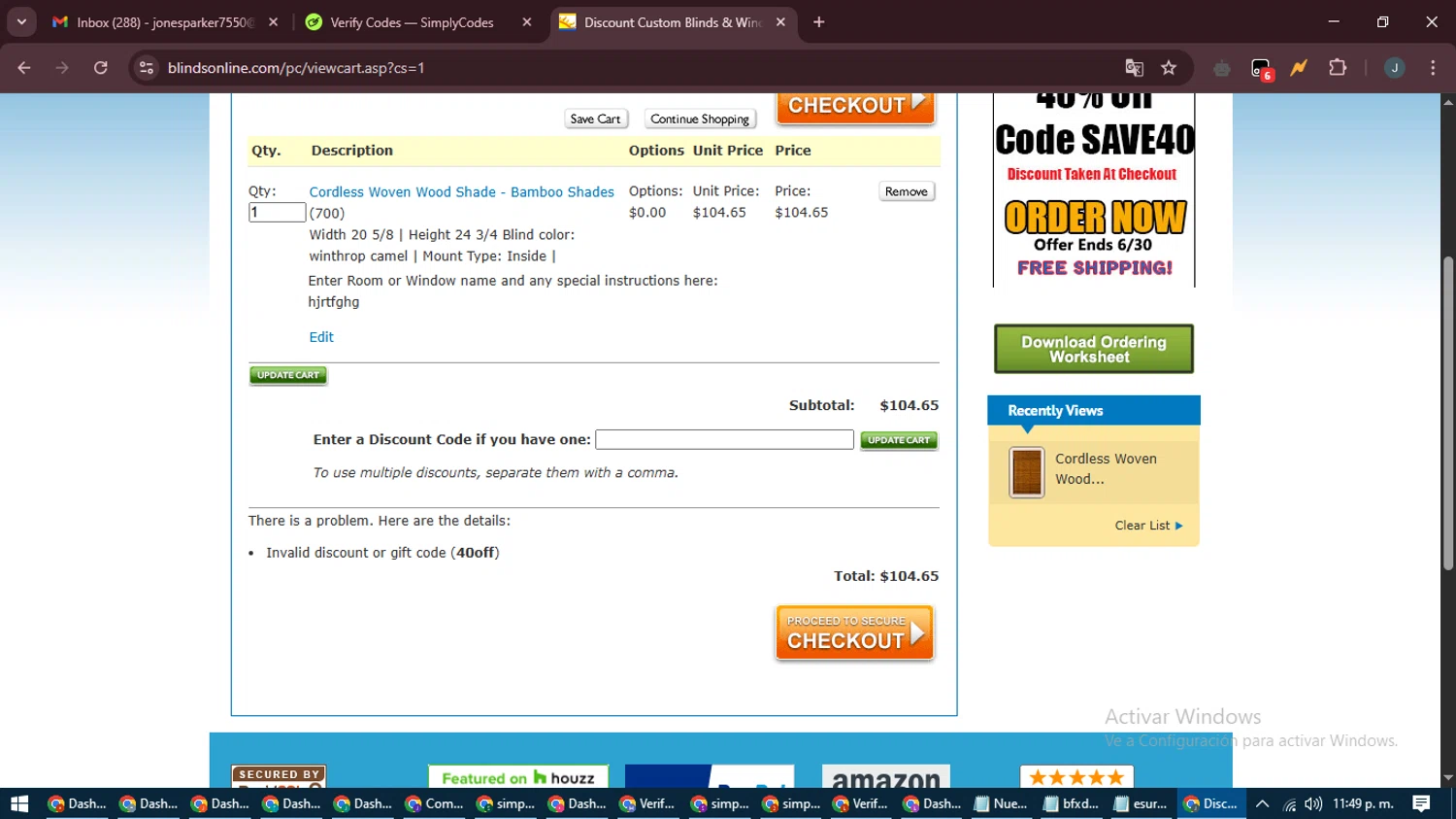 BlindsOnLine.com promo code screenshot showing code 40off applied at BlindsOnLine.com checkout page. Uploaded by SimplyCodes community member ScanLynx8928 on May 22, 2025