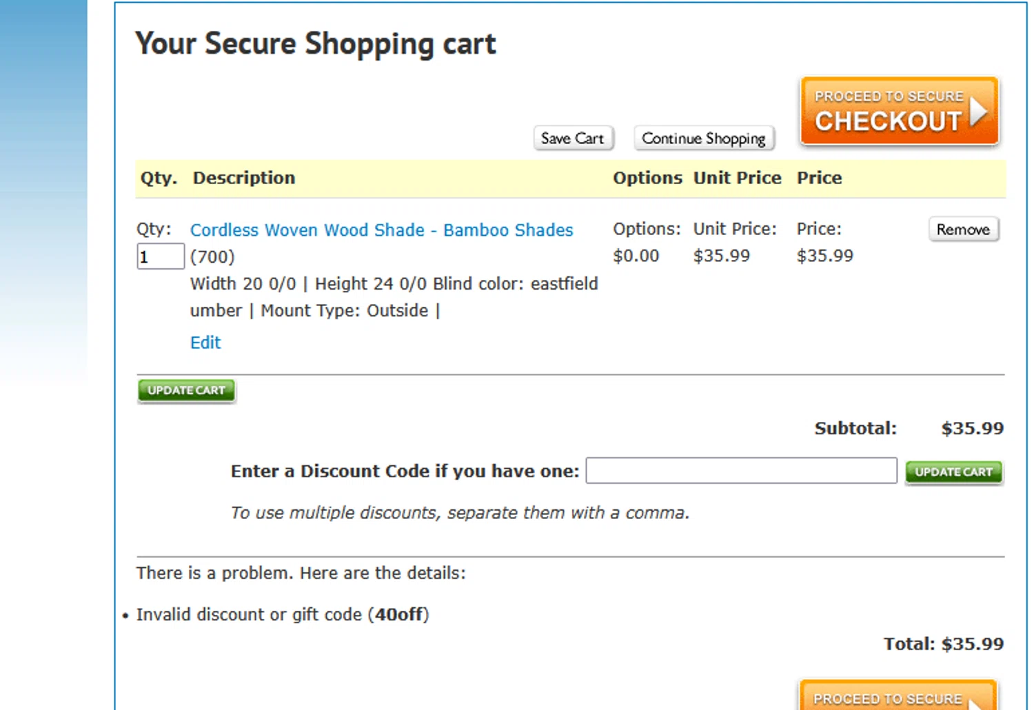 BlindsOnLine.com promo code screenshot showing code 40off applied at BlindsOnLine.com checkout page. Uploaded by SimplyCodes community member CRYSTALSUICINE on May 22, 2025