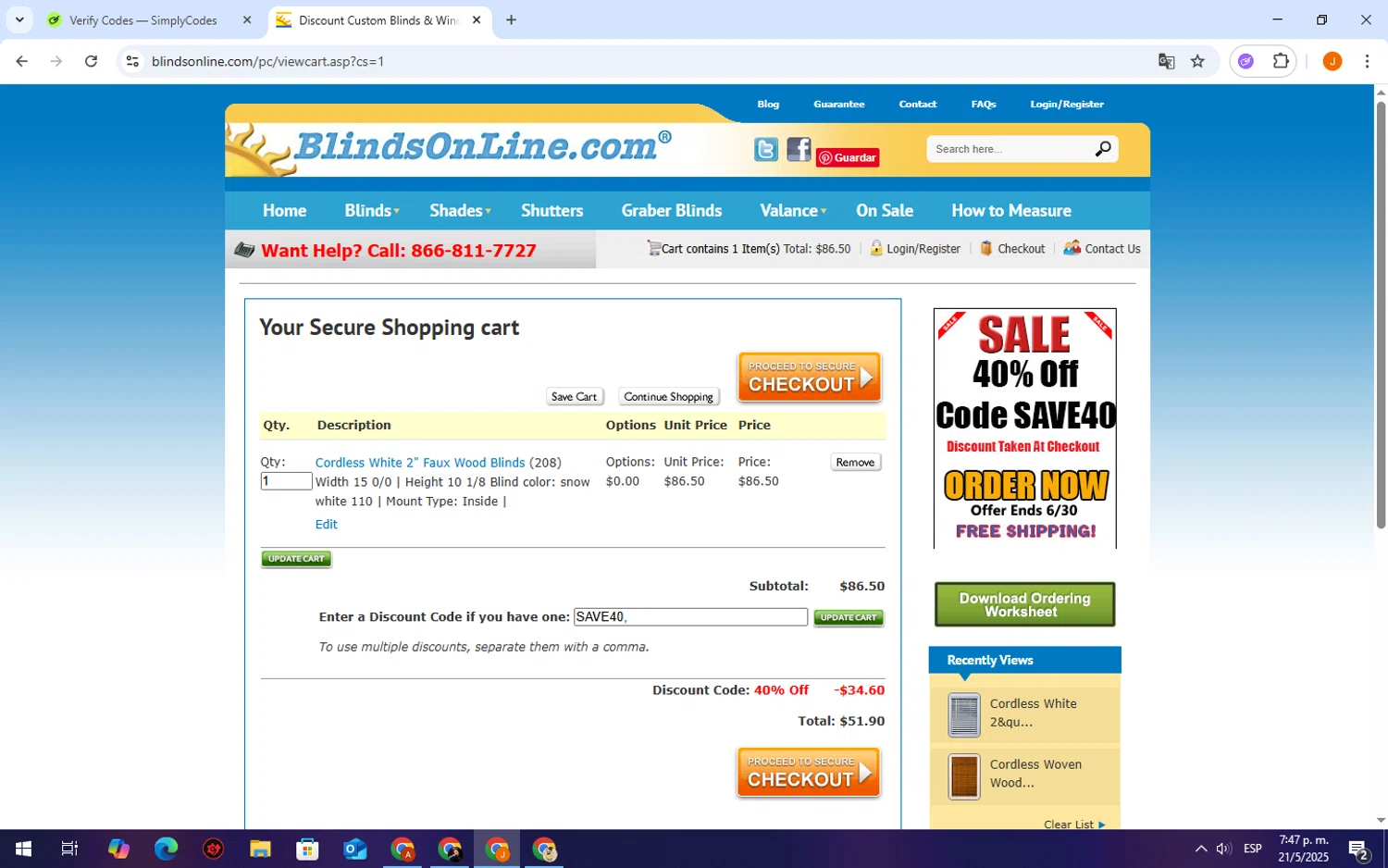 BlindsOnLine.com checkout page showing BlindsOnLine.com promo code box | Screenshot taken by SimplyCodes community member on May 21, 2025