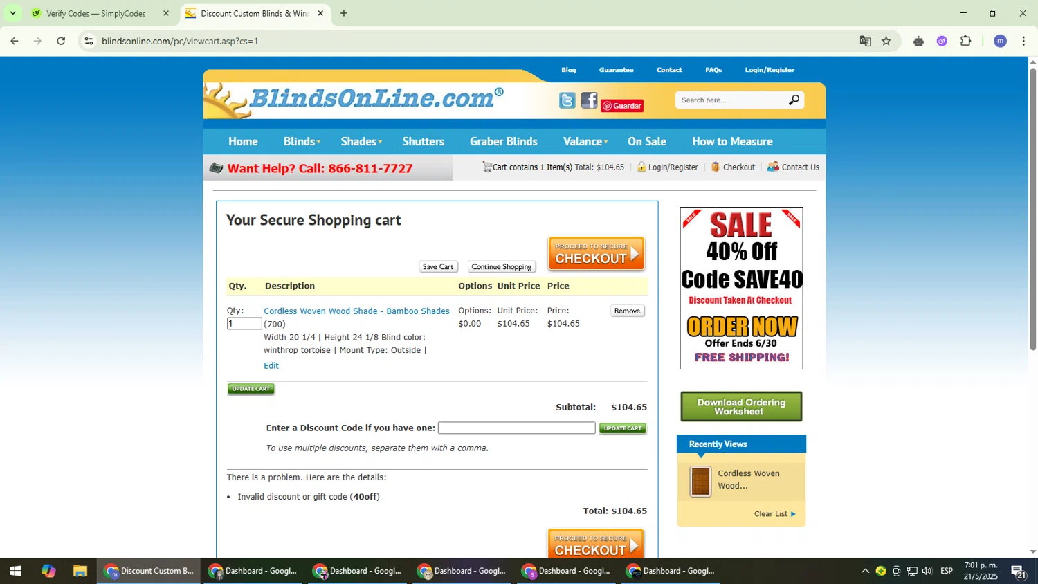 BlindsOnLine.com checkout page showing BlindsOnLine.com promo code box | Screenshot taken by SimplyCodes community member on May 21, 2025
