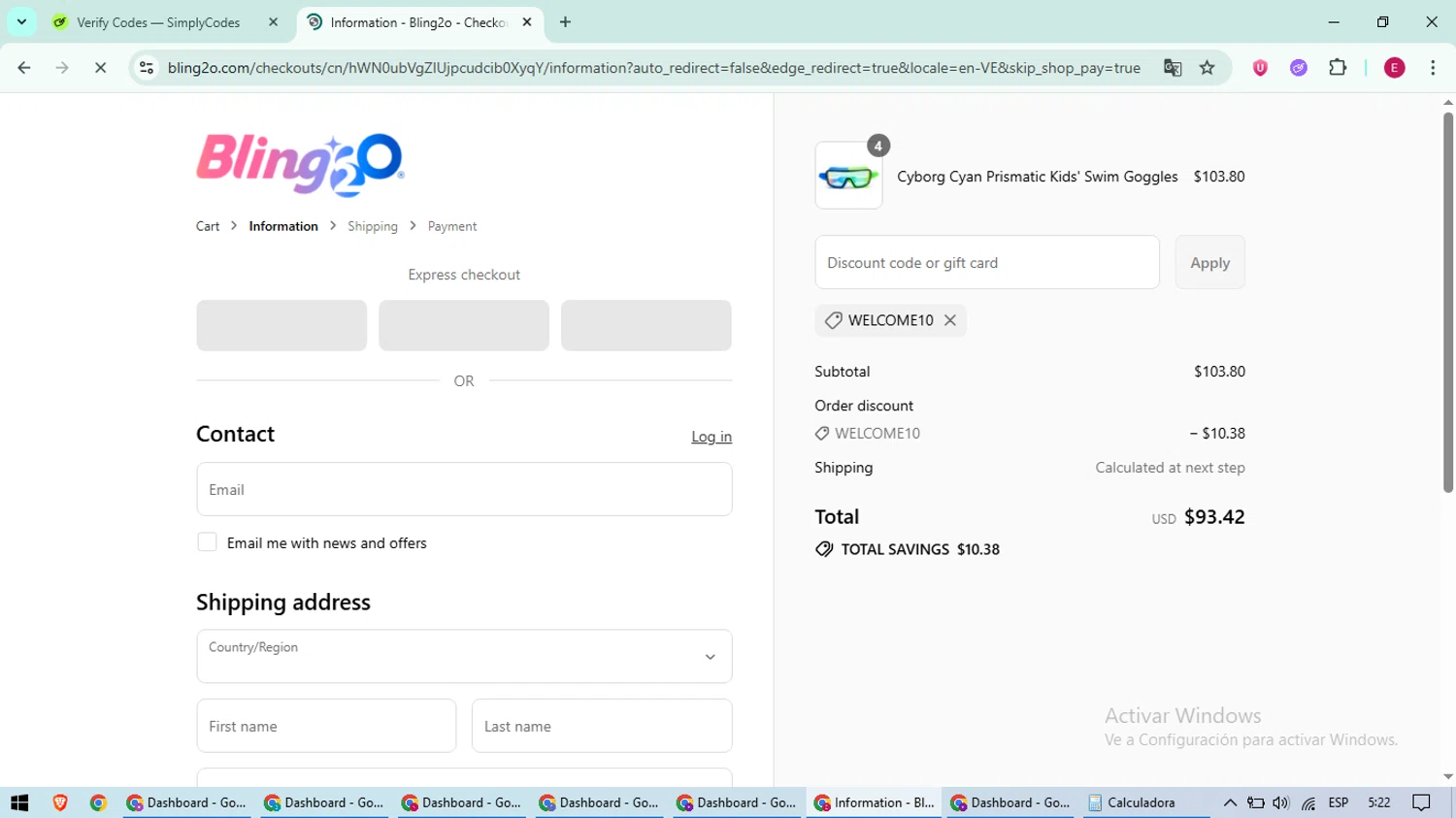 Bling2o discount code screenshot showing code WELCOME10 applied at Bling2o checkout page. Uploaded by SimplyCodes community member BrilliantWhiz4434 on Jul 22, 2025